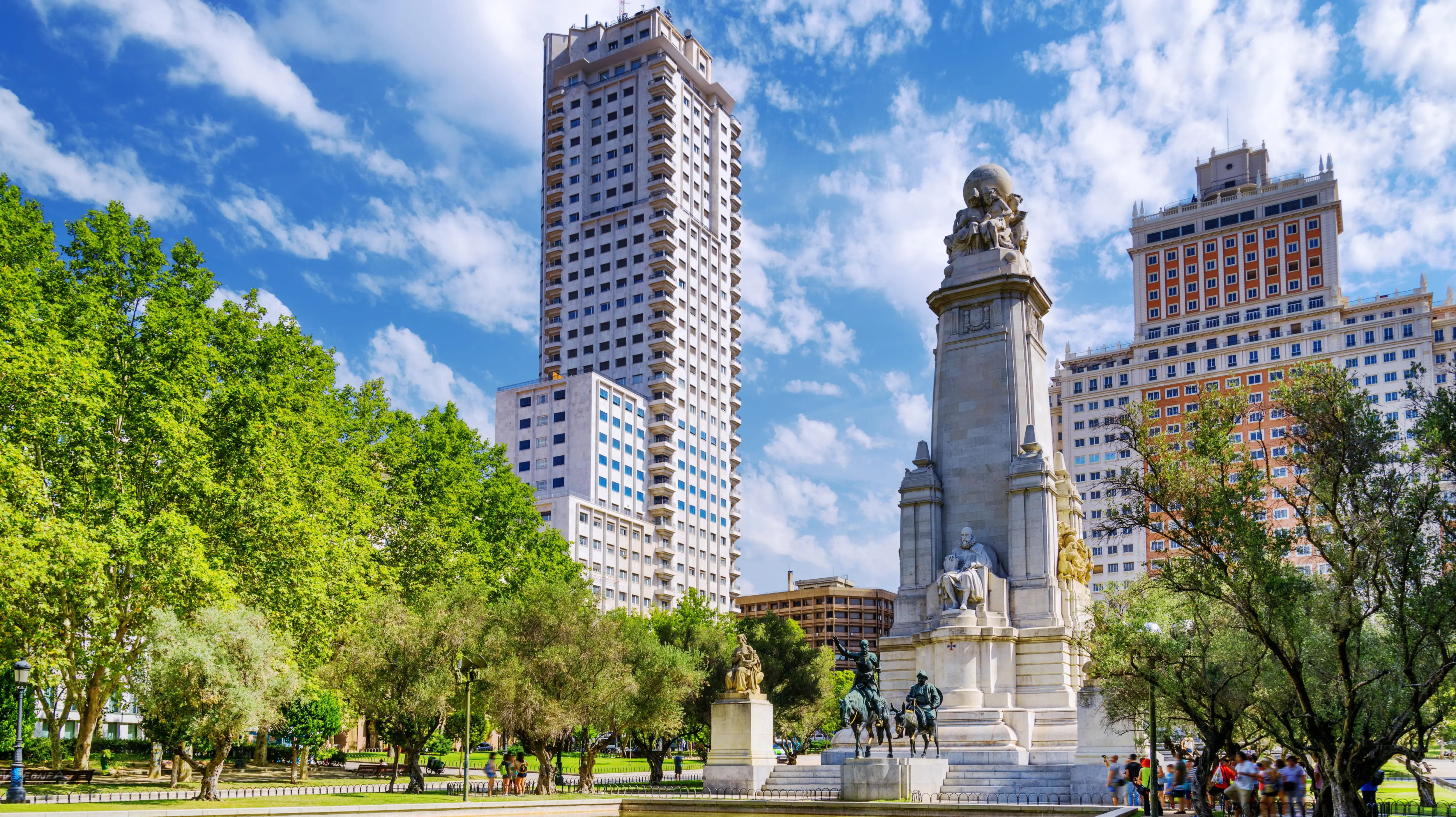 The Torre de Madrid (left), Cervantes Monument (center), and the Edificio España (right), Plaza de España, Madrid, Spain