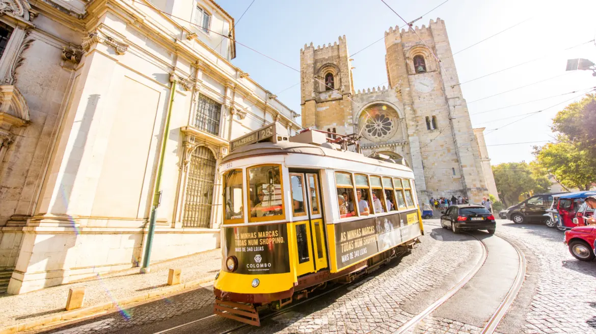 Tram 28 and the Lisbon Cathedral, Lisbon, Portugal