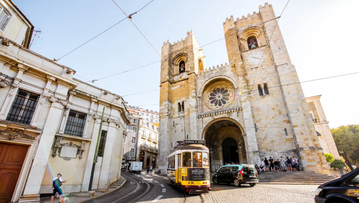 Tram 28 and the Lisbon Cathedral, Lisbon, Portugal