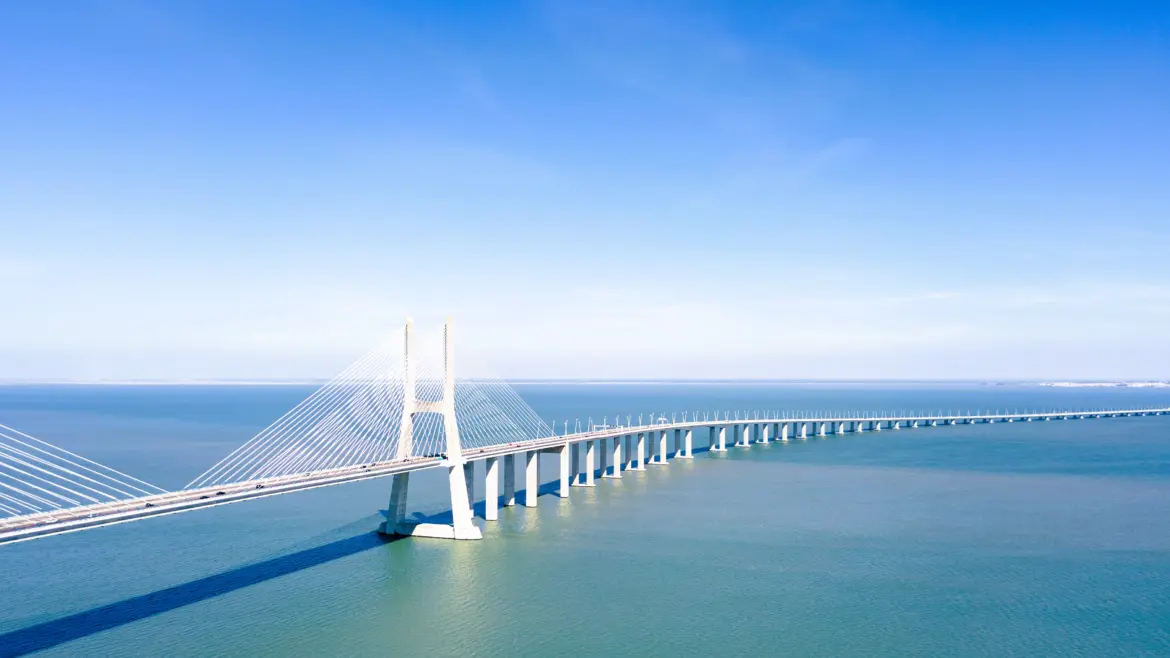 Aerial view of the Vasco da Gama Bridge (Ponte Vasco da Gama), Lisbon, Portugal