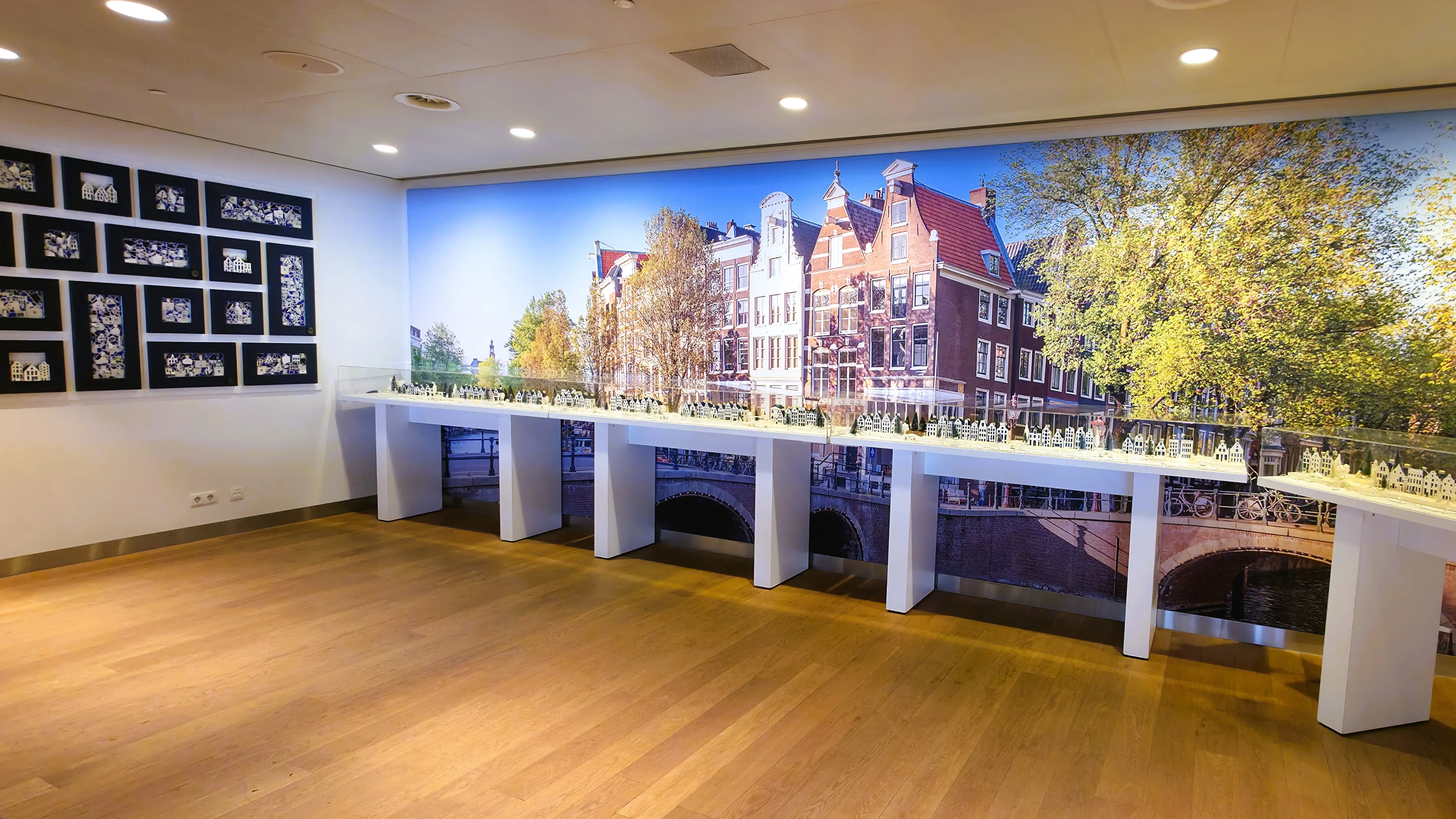 The iconic Delft Blue miniature houses, KLM Crown Lounge, Amsterdam Schiphol Airport (AMS), Netherlands