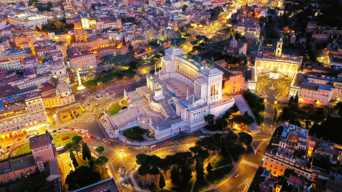 Aerial view of Piazza Venezia, Italy, Rome