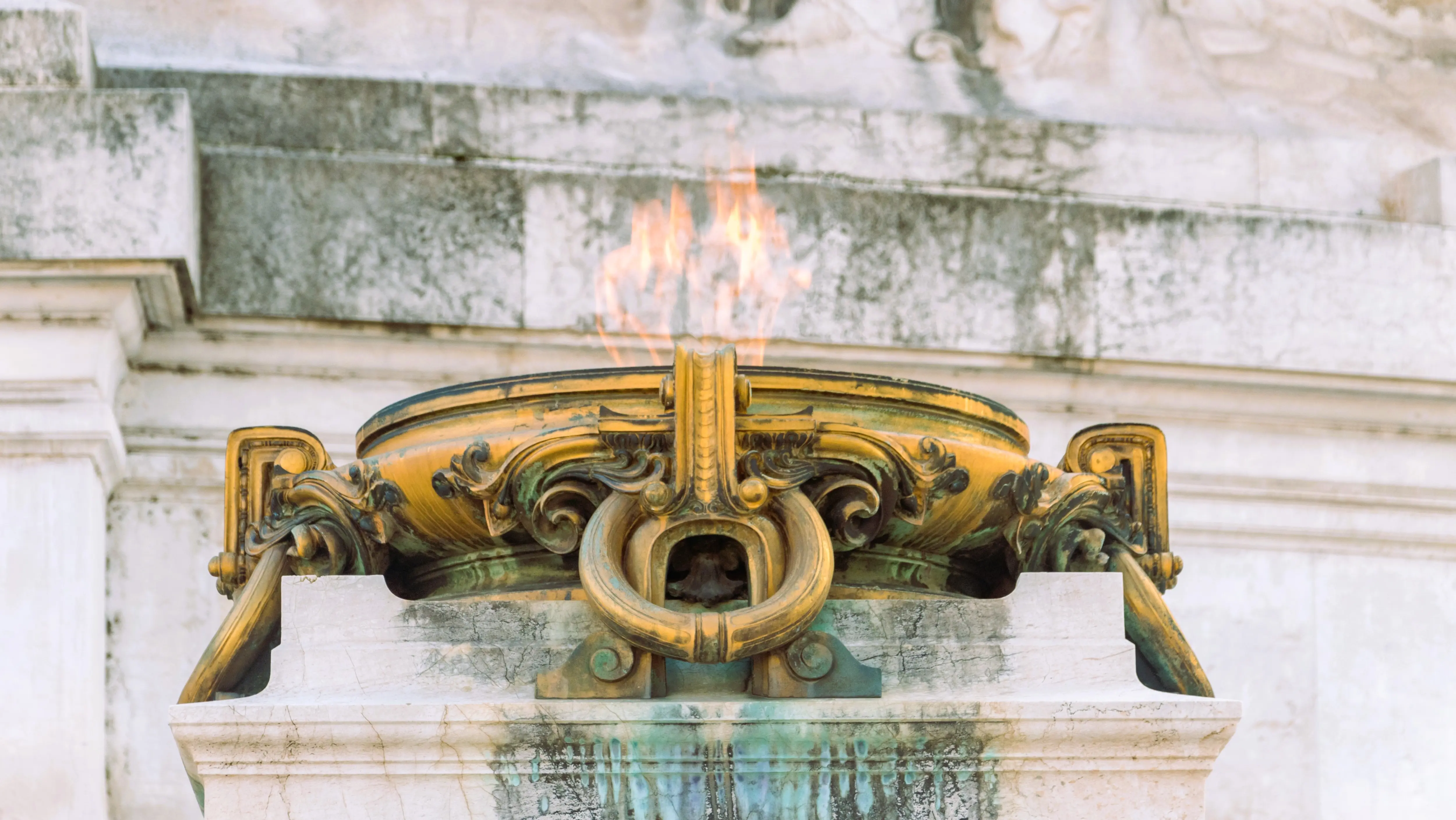 One of the two braziers that burn perpetually on the sides of the tomb of the Unknown Soldier, the Vittoriano (Monumento Nazionale a Vittorio Emanuele II), Piazza Venezia, Rome, Italy