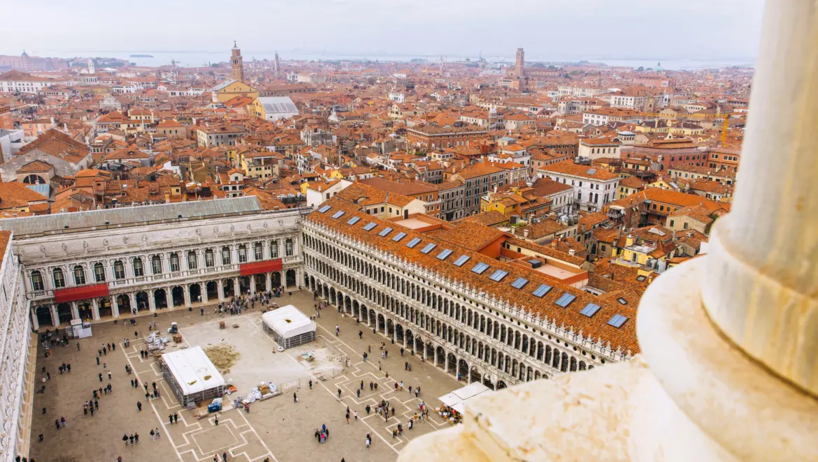 View of Piazza San Marco (St Mark’s Square) from St Mark’s Campanile, Venice, Italy