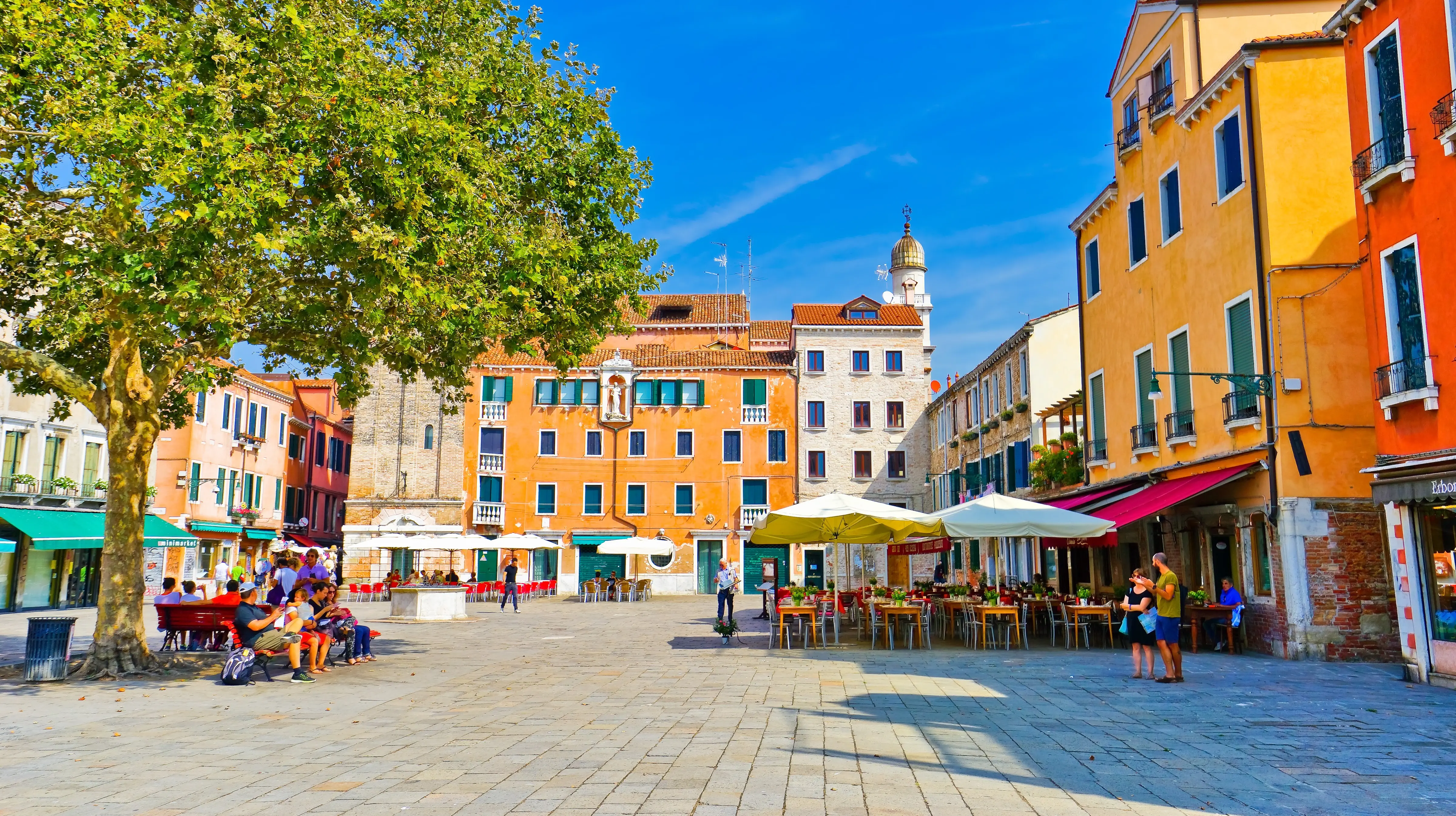 Colorful Venetian houses Campo Santa Margherita lively square Dorsoduro Venice Italy