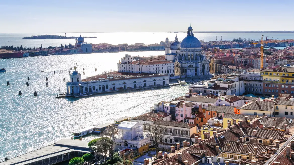 Aerial view Dorsoduro district with Santa Maria della Salute basilica from St Mark's Campanile Venice Italy