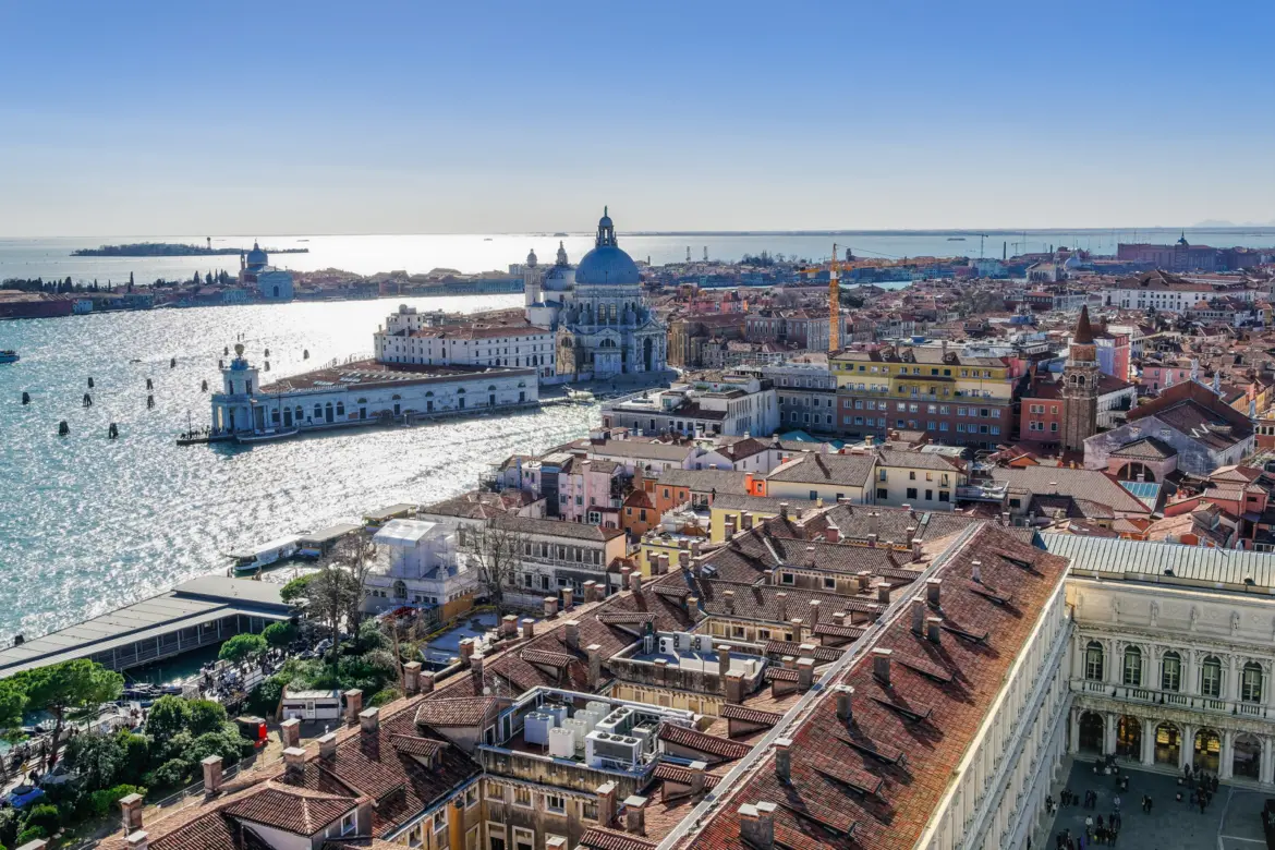 Aerial view Dorsoduro district with Santa Maria della Salute basilica from St Mark's Campanile Venice Italy