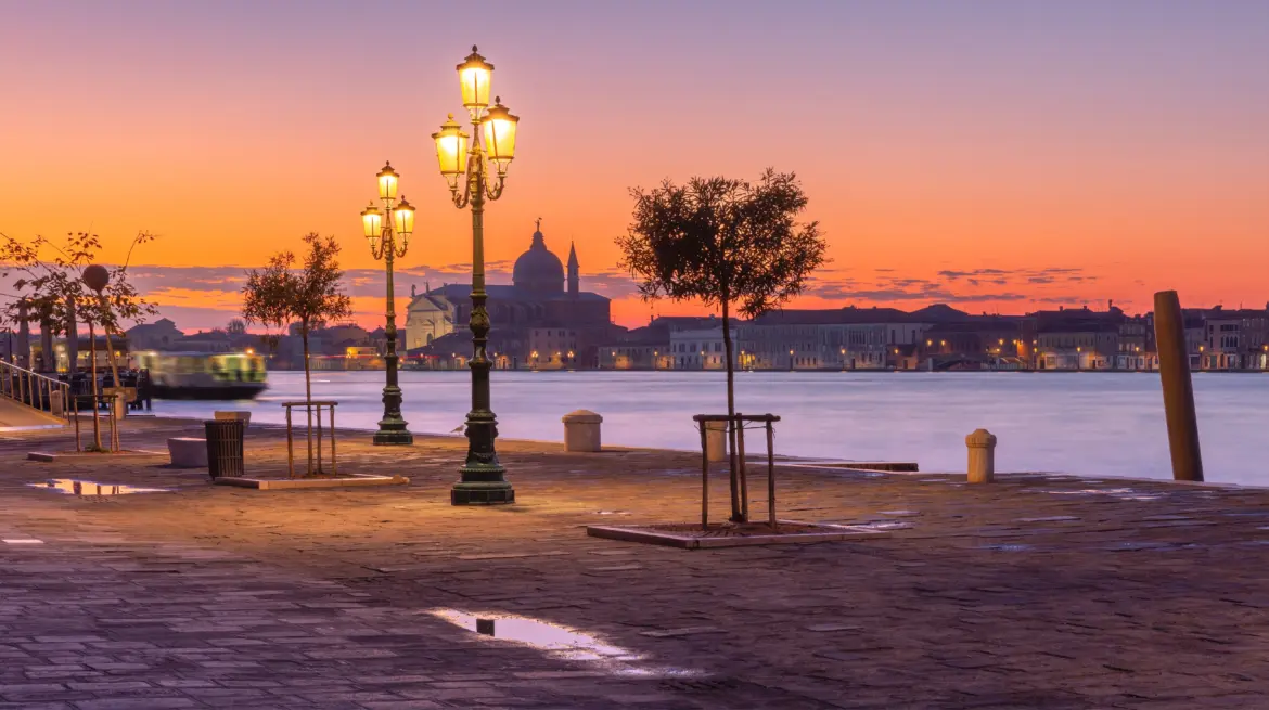 Fondamenta Zattere Al Ponto Lungo promenade sunrise Giudecca Canal Dorsoduro Venice Italy
