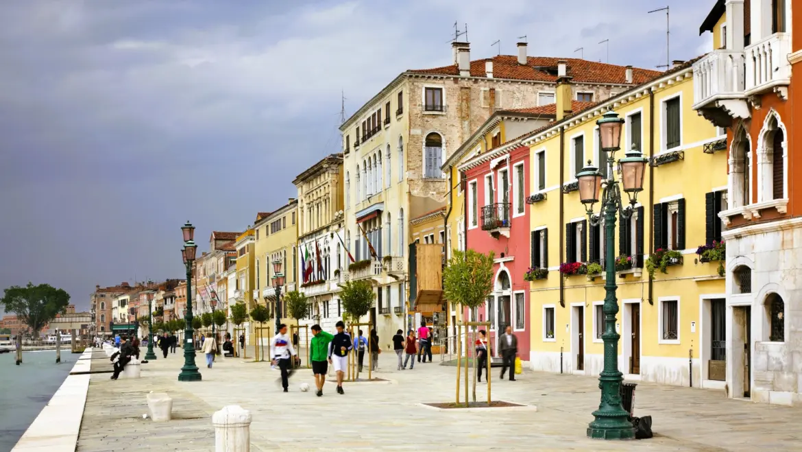 Fondamenta Zattere Al Ponto Lungo wide lively waterfront promenade Dorsoduro Venice Italy