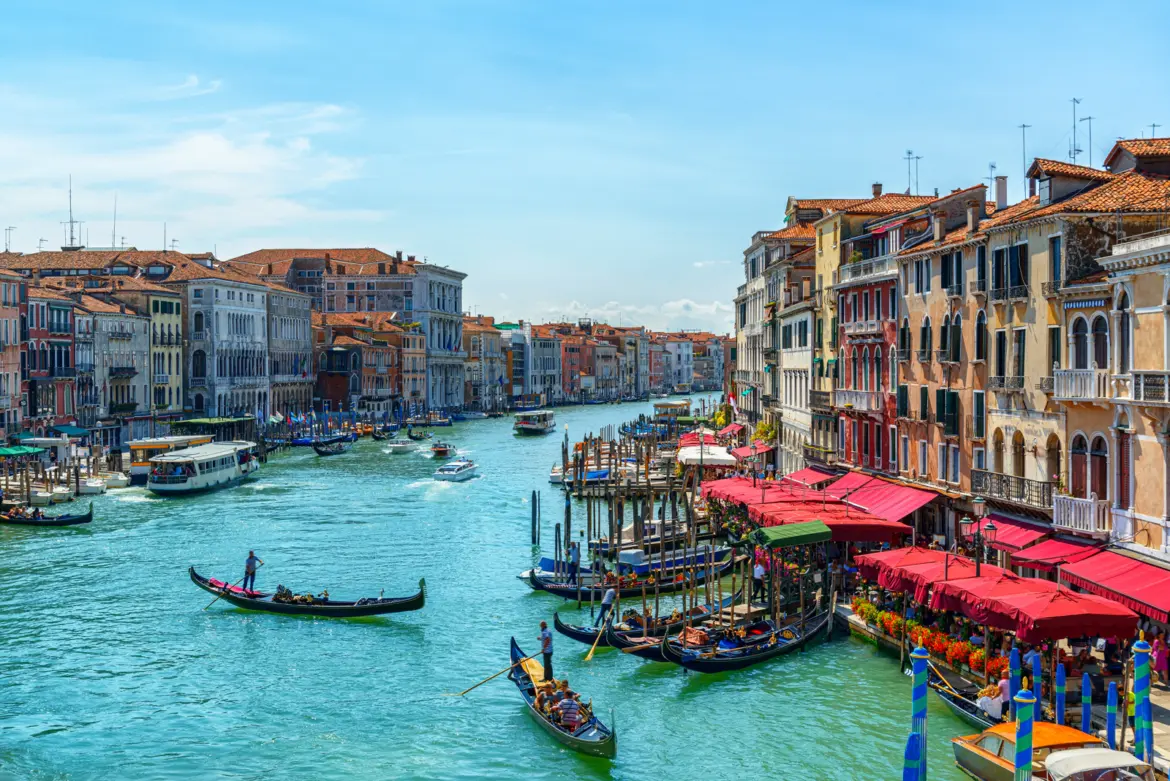 Beautiful view Grand Canal with gondolas from Rialto Bridge Ponte di Rialto Venice Italy
