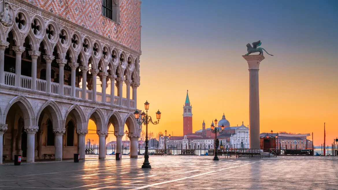 Morning view Column of St Mark and Doge's Palace from Piazzetta San Marco Venice Italy