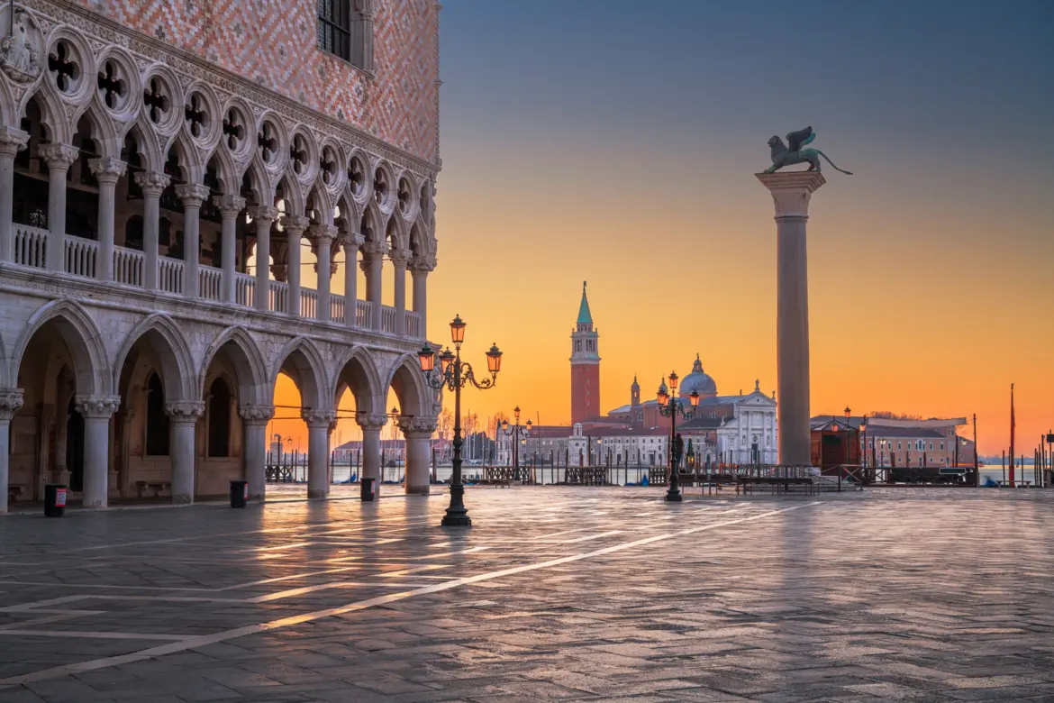 Morning view Column of St Mark and Doge's Palace from Piazzetta San Marco Venice Italy