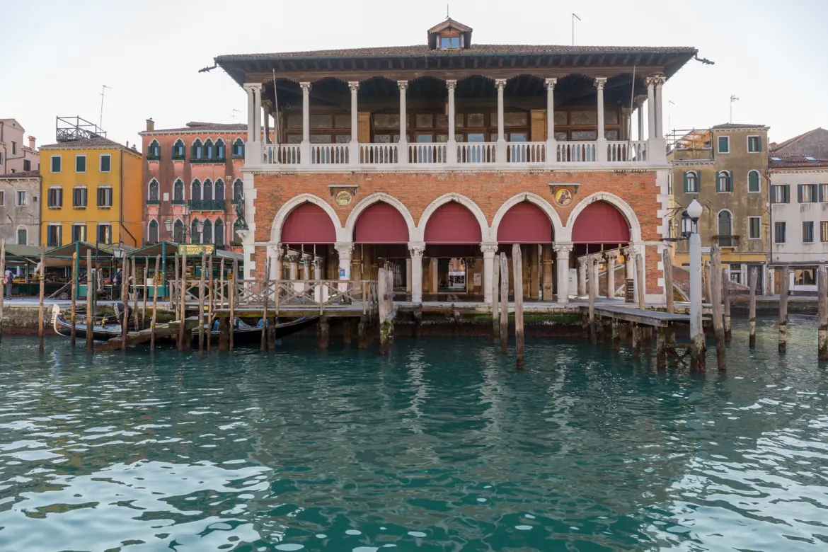 View historic Rialto Market Mercato di Rialto building seen from Grand Canal Venice Italy reflecting city long-standing tradition trade daily life