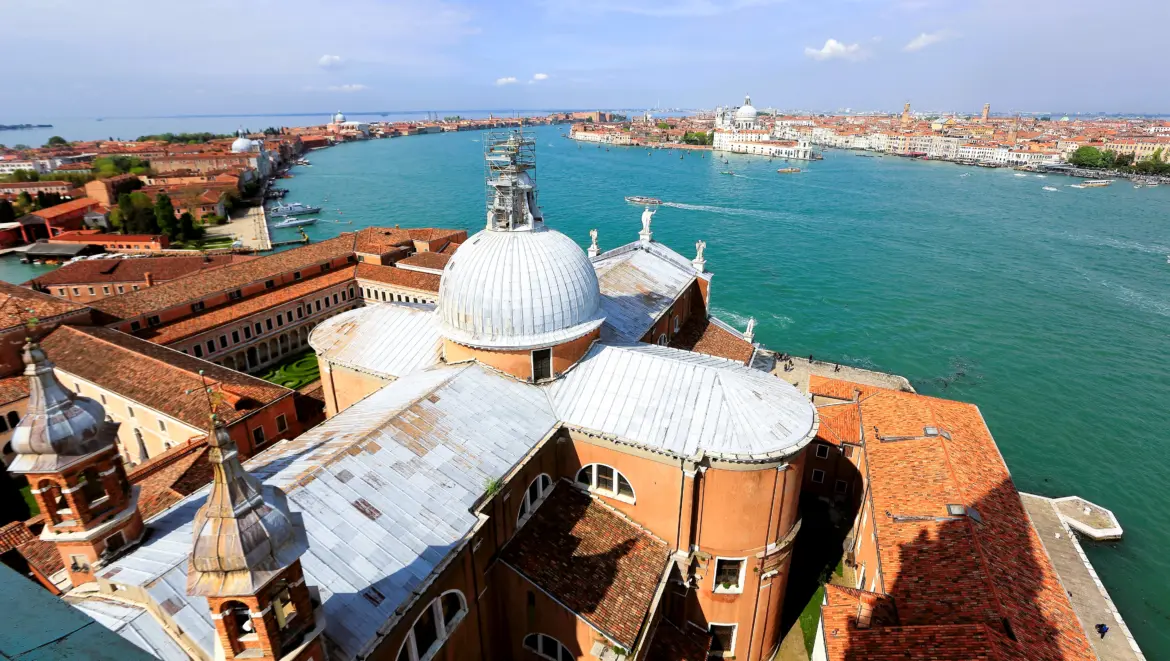 Aerial view from bell tower Basilica San Giorgio Maggiore overlooking Giudecca Canal separates Giudecca Island Dorsoduro Venice Italy