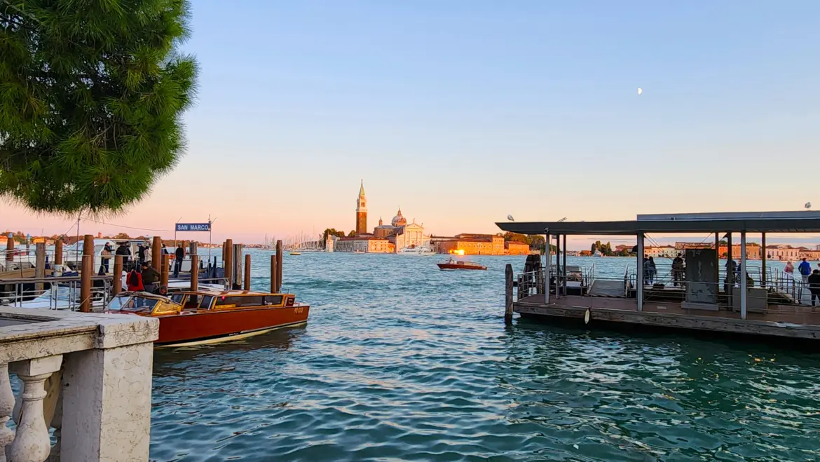 View San Giorgio Maggiore from Royal Gardens Venice Giardini Reali historic green space near St Mark's Square