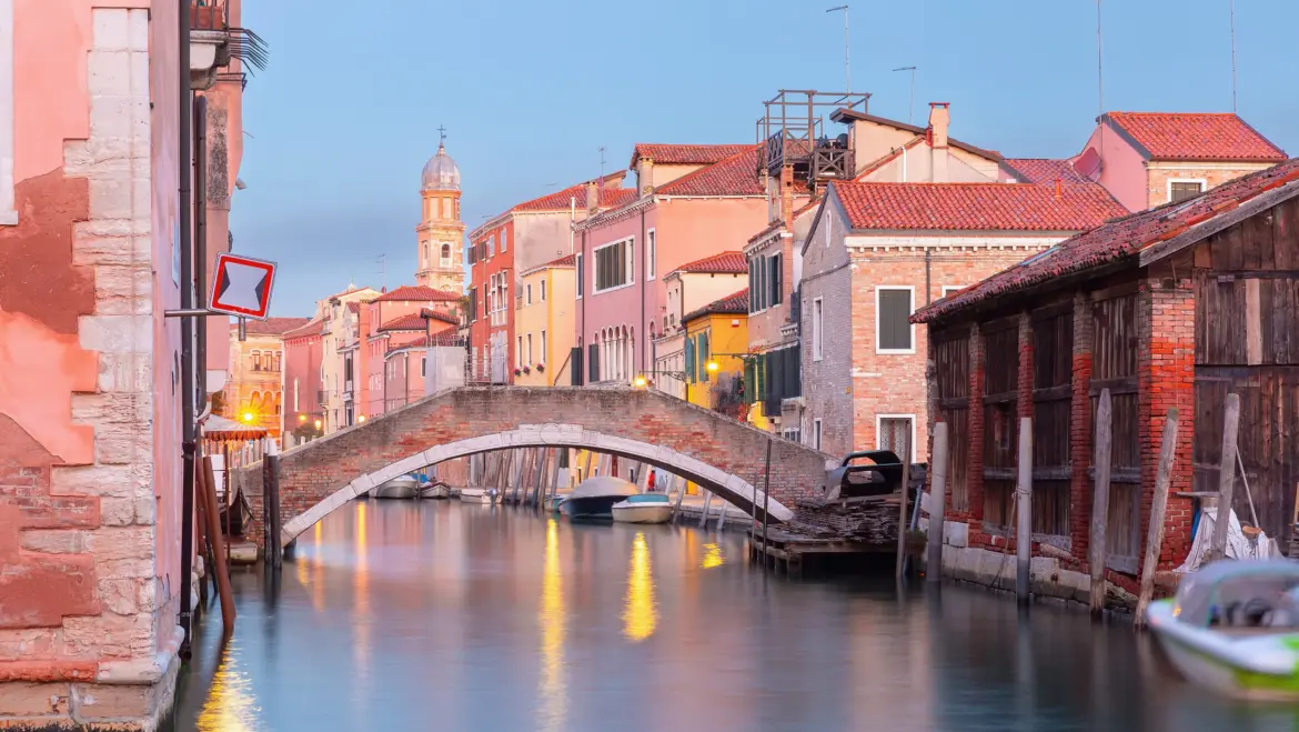 San Trovaso canal and bridge at dawn Dorsoduro district Venice Italy