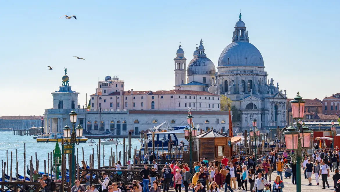 Santa Maria della Salute dome and Grand Canal viewed from Piazzetta San Marco Venice Italy