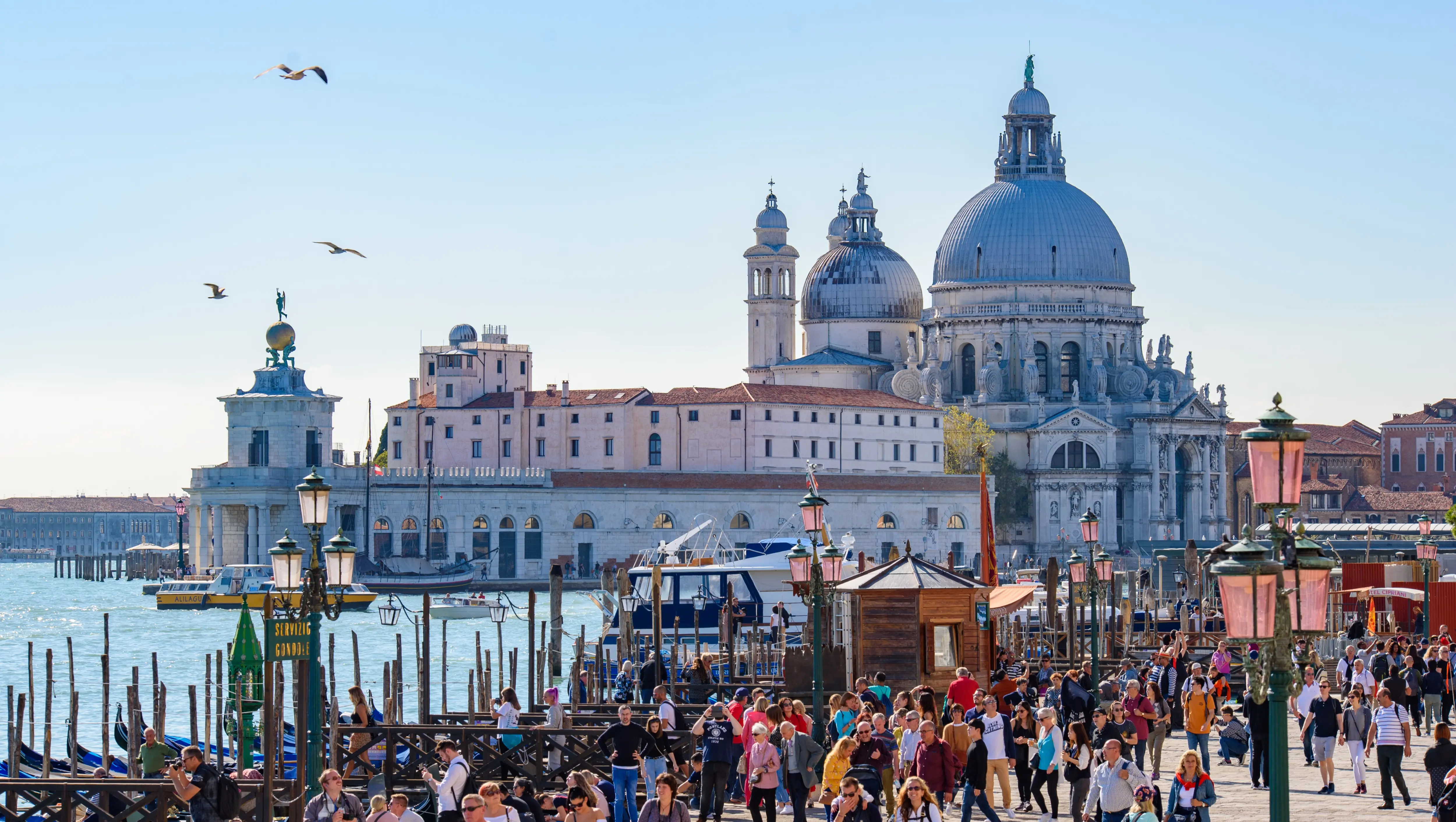 Santa Maria della Salute dome and Grand Canal viewed from Piazzetta San Marco Venice Italy