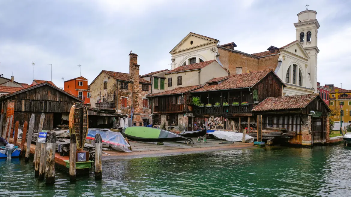 Landmark 17th-century boatyard building traditional wooden gondolas Squero di San Trovaso Venice Italy