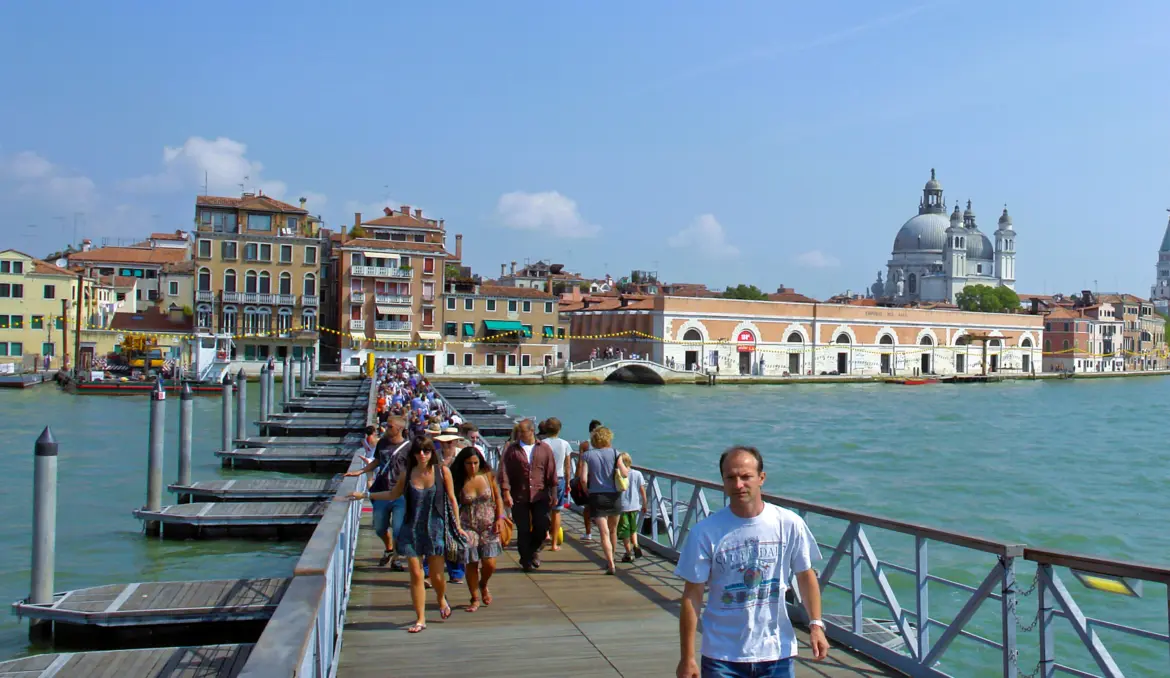 Temporary floating pontoon bridge across Grand Canal Venice similar to Festa della Salute bridge