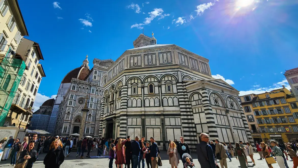 Baptistery of San Giovanni in Piazza del Duomo Florence Italy showcasing its octagonal Romanesque marble exterior one of Florence’s oldest religious buildings