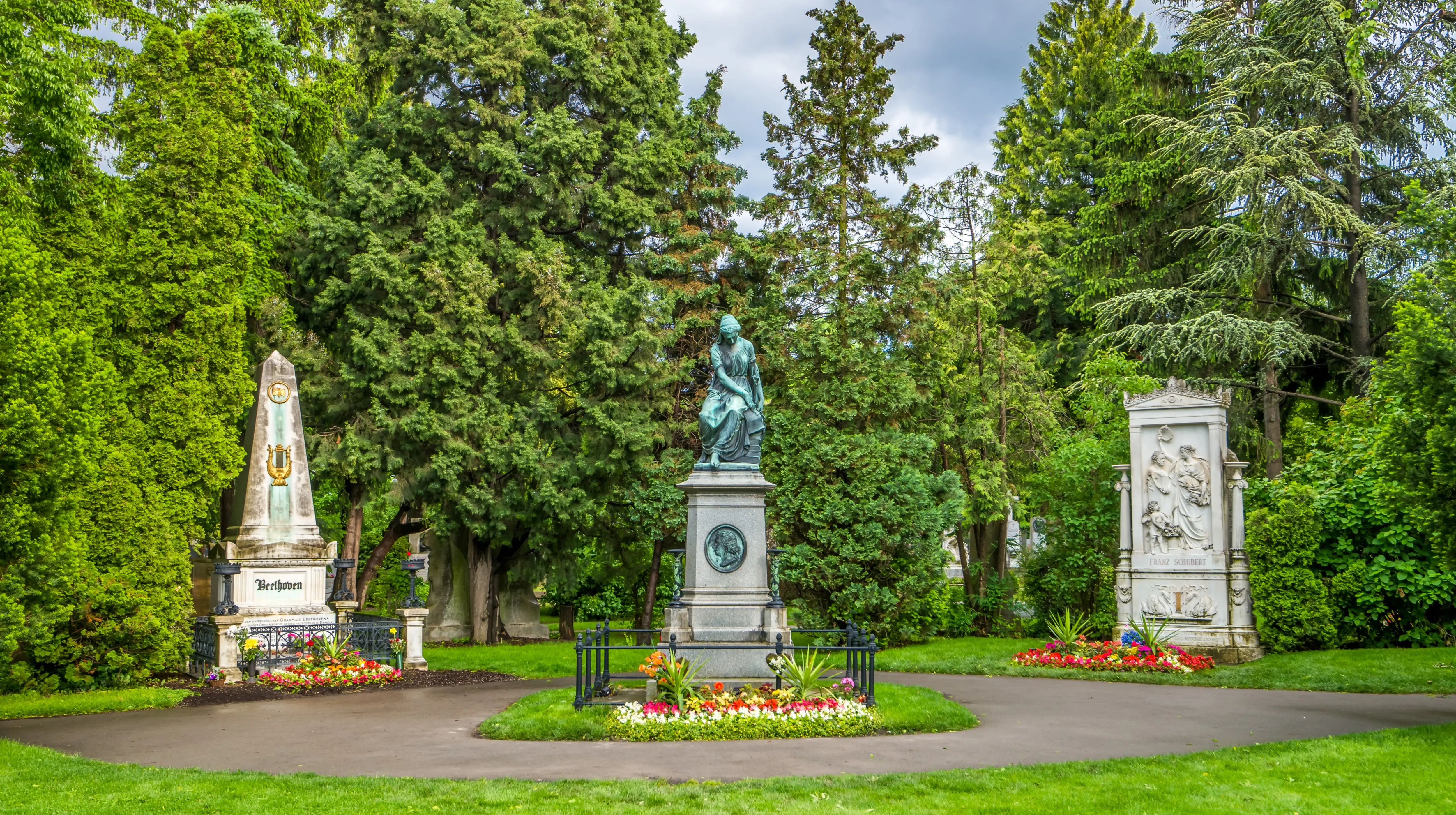 The graves of Ludwig van Beethoven and Franz Schubert side by side at Zentralfriedhof in Vienna