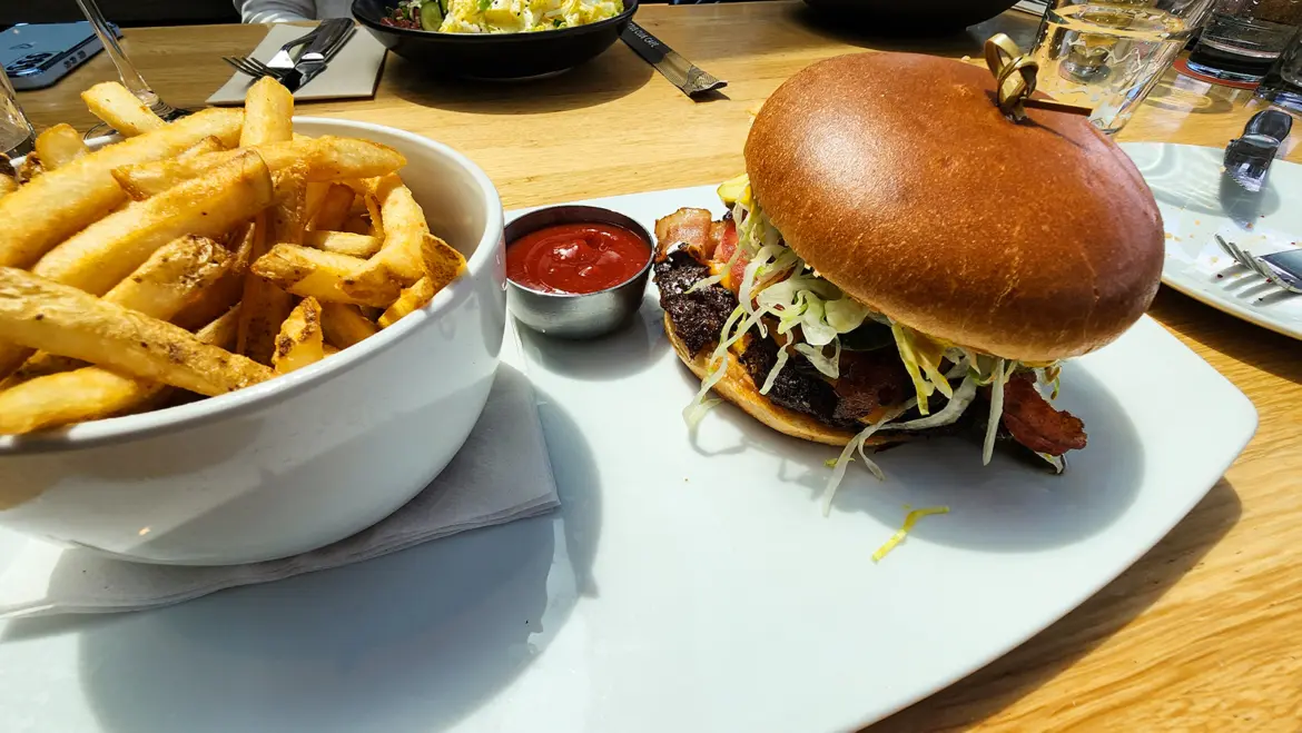 The Feenie Burger at Cactus Club Cafe Coal Harbour — Angus beef with mushrooms, aged cheddar, smoked bacon, and fries