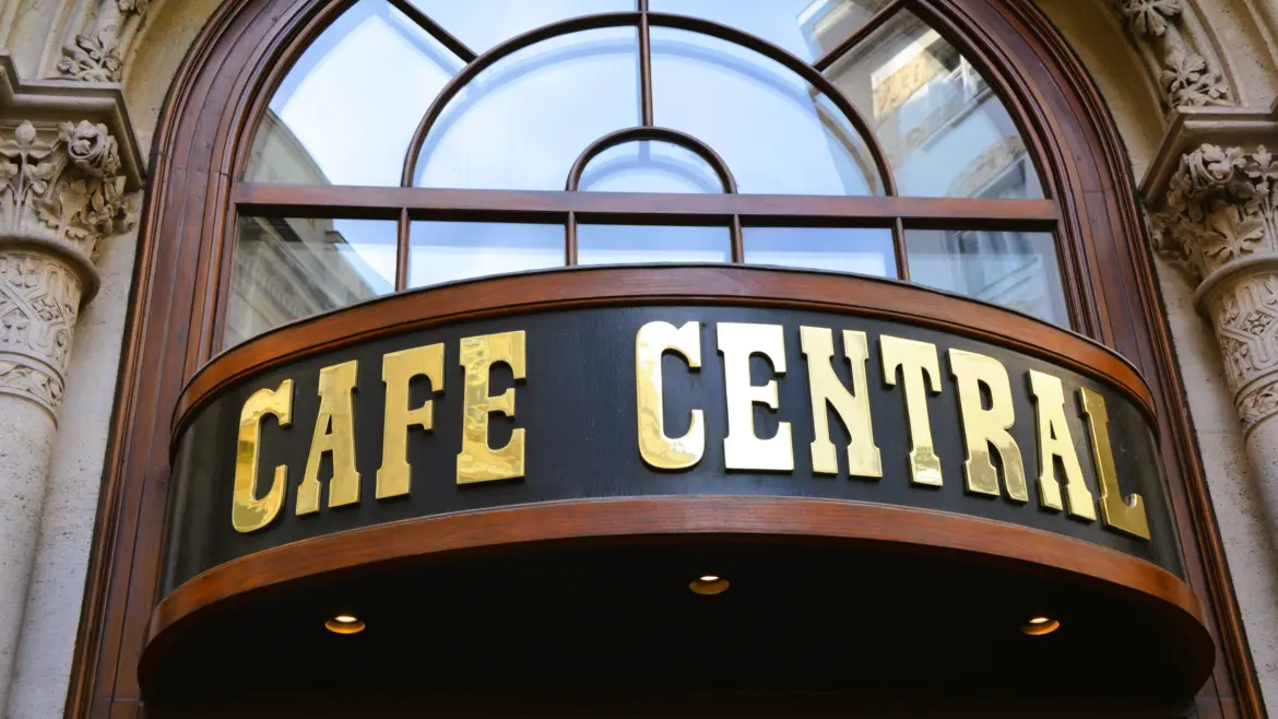 The historic entrance sign of Café Central in Vienna, Austria, marking one of the city's most iconic traditional coffeehouses