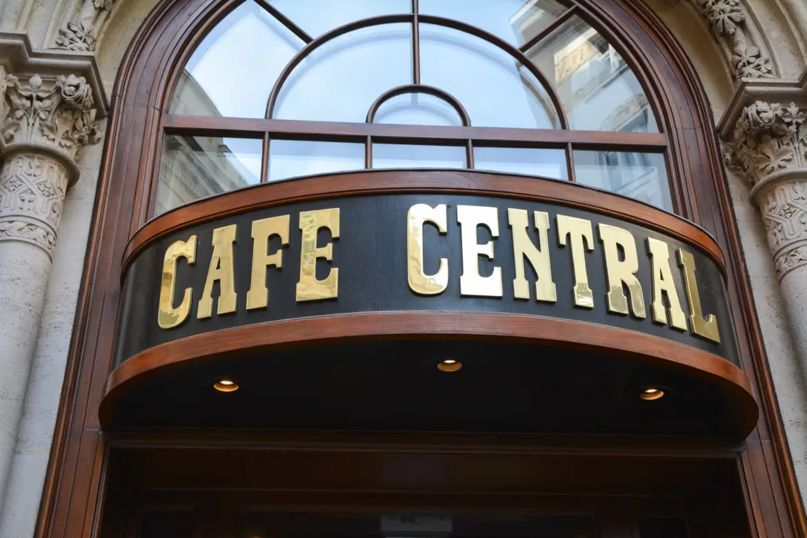 The historic entrance sign of Café Central in Vienna, Austria, marking one of the city's most iconic traditional coffeehouses