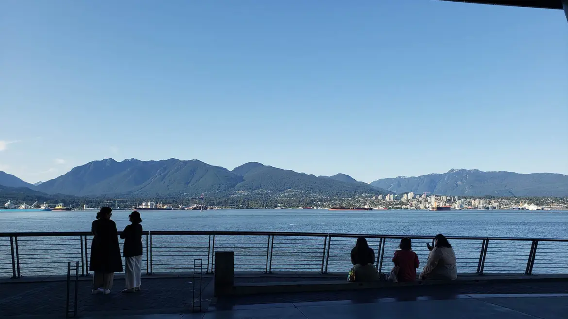 North Shore mountains and Vancouver harbour view from Canada Place waterfront where The Golden Horn Turkish Bakery is located