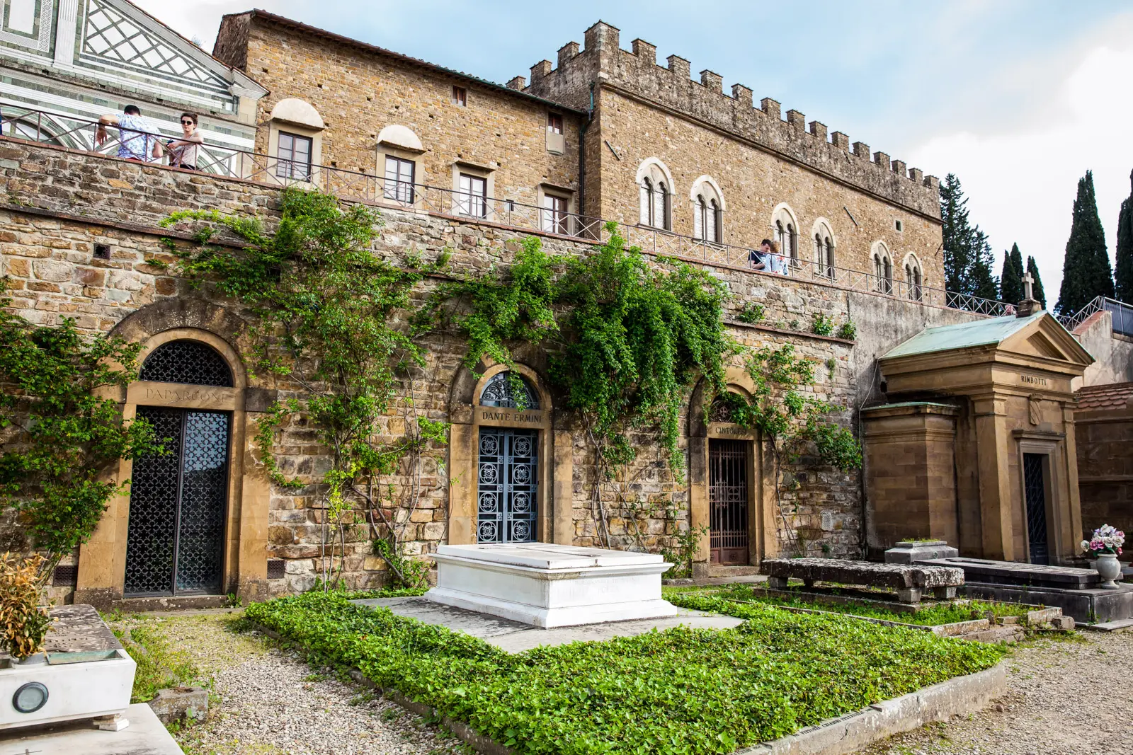 The Cimitero delle Porte Sante within the fortified terraces of San Miniato al Monte in Florence, designed by architect Niccolò Matas, with historic tombs and chapels among stone walls