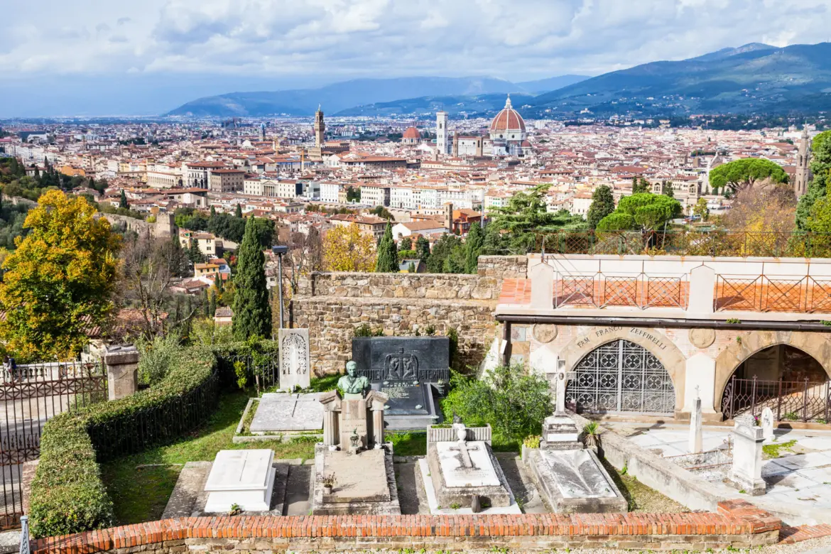 View of the Florence skyline from the Cimitero delle Porte Sante at San Miniato al Monte, with the city unfolding beneath the cemetery terraces