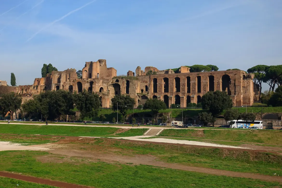 The Circus Maximus in Rome showing the vast oval outline of the ancient chariot racing stadium with surrounding buildings