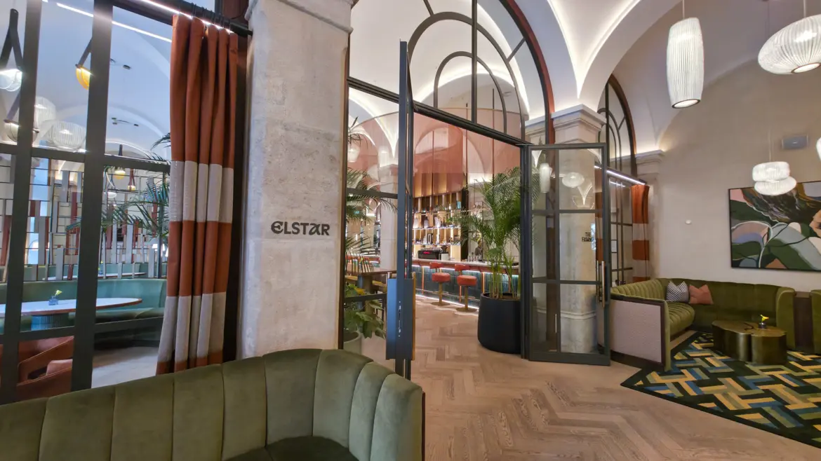 The entrance to Elstar Restaurant at the Imperial Riding School, Autograph Collection in Vienna, Austria