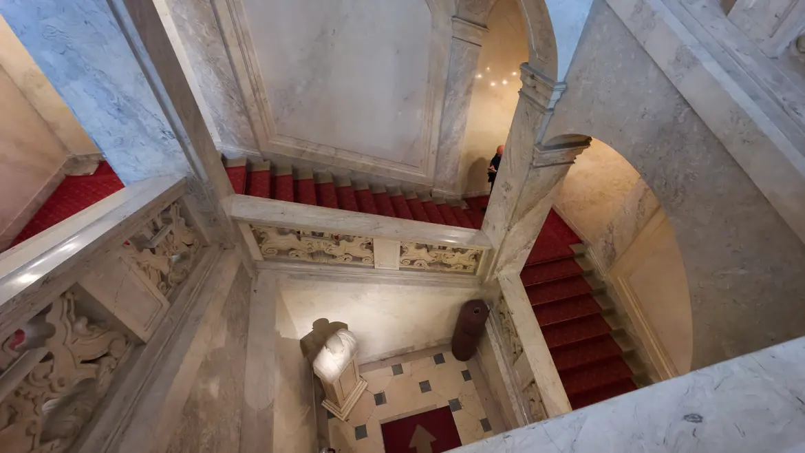 The Emperor’s Staircase inside the Hofburg Palace in Vienna, an imposing ceremonial ascent to the Imperial Apartments