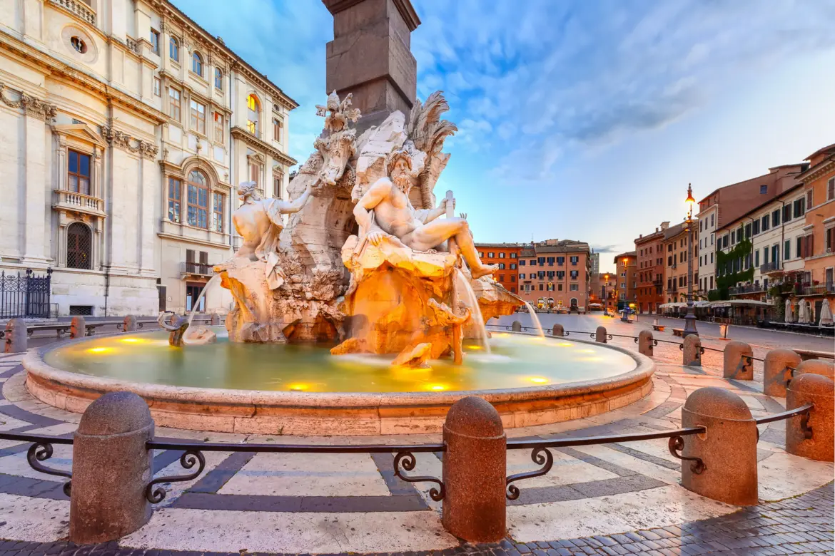 The Fountain of the Four Rivers by Bernini in Piazza Navona Rome with sculptural figures and Egyptian obelisk