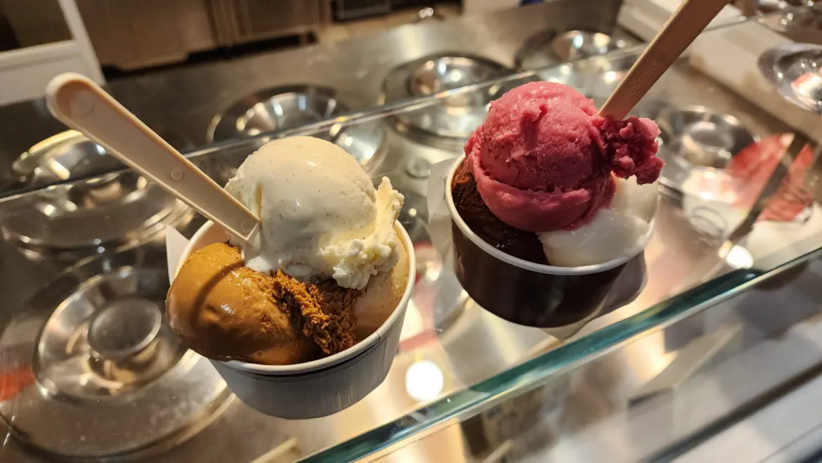 Handcrafted artisan gelato cups at Gelateria della Passera in Florence Oltrarno district with colourful scoops of pistachio raspberry and cream