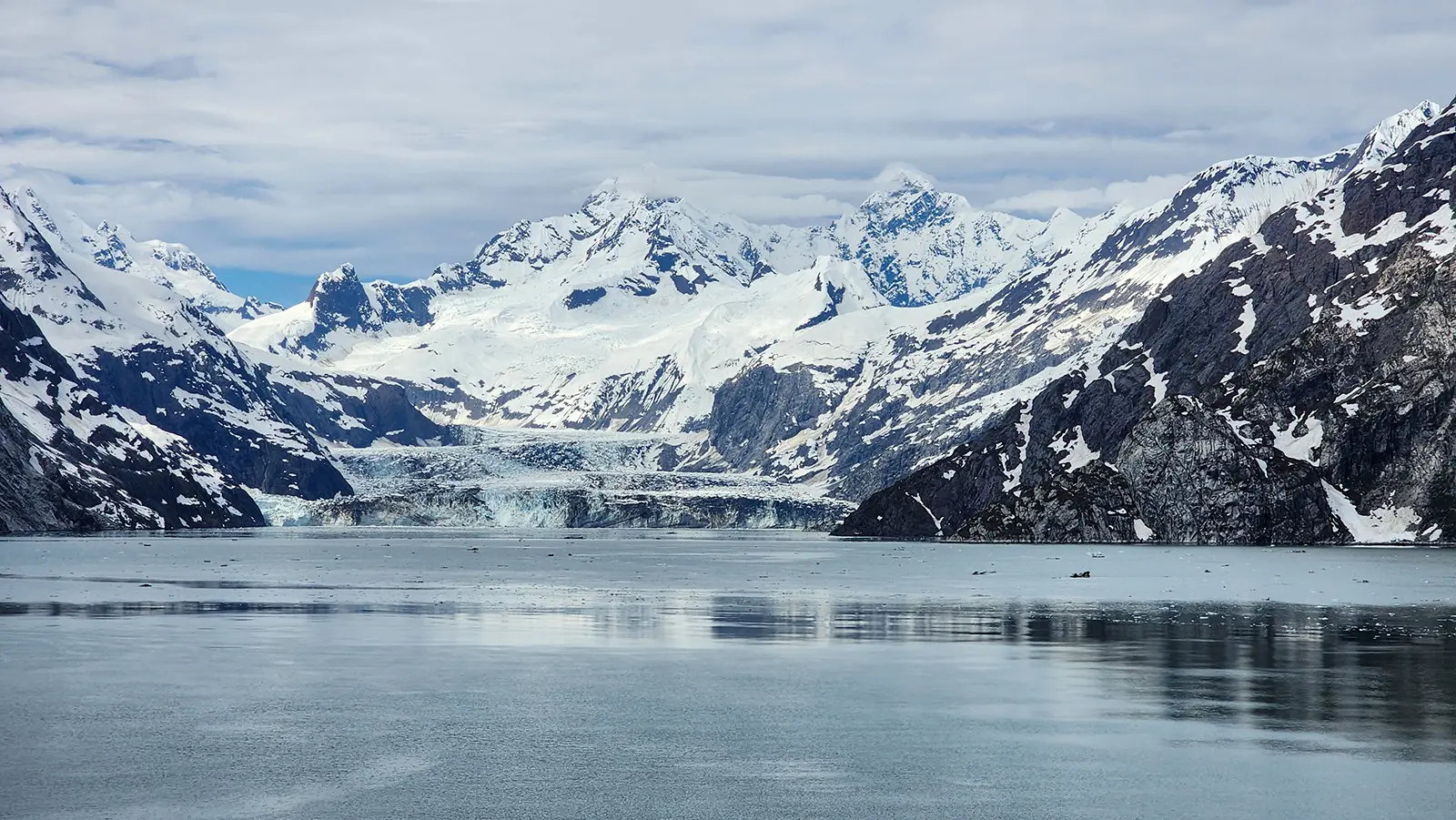 Panoramic view of Glacier Bay National Park showing glaciers, mountains, and calm waters in Alaska