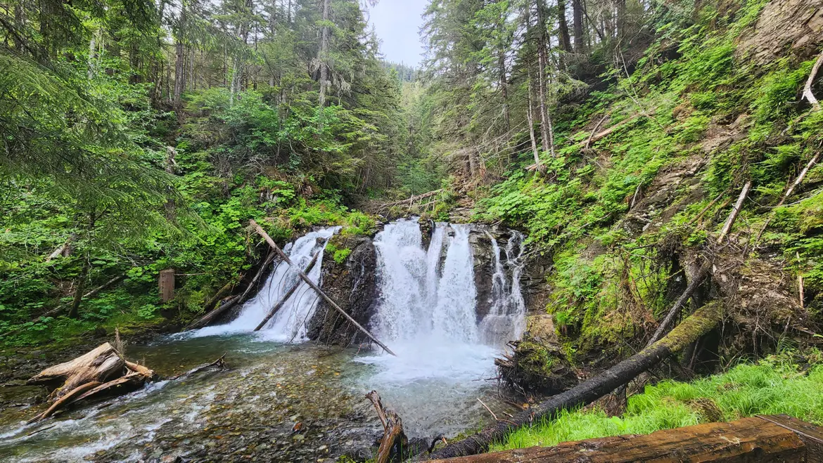 A waterfall along the Gold Creek nature walk trail near the Salmon Bake in Juneau, Alaska