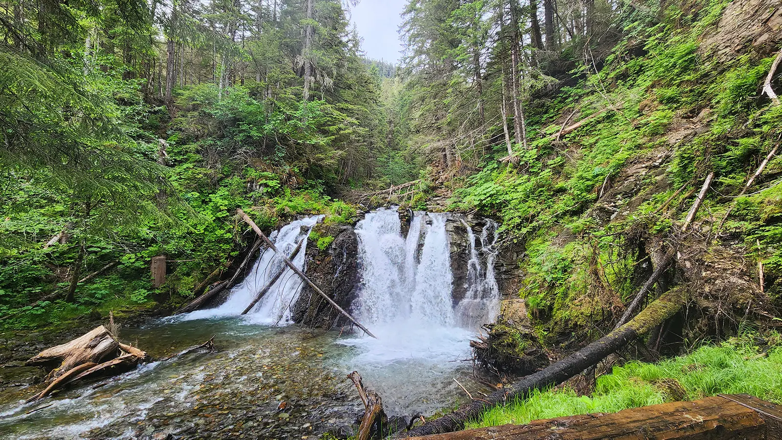A waterfall along the Gold Creek nature walk trail near the Salmon Bake in Juneau, Alaska
