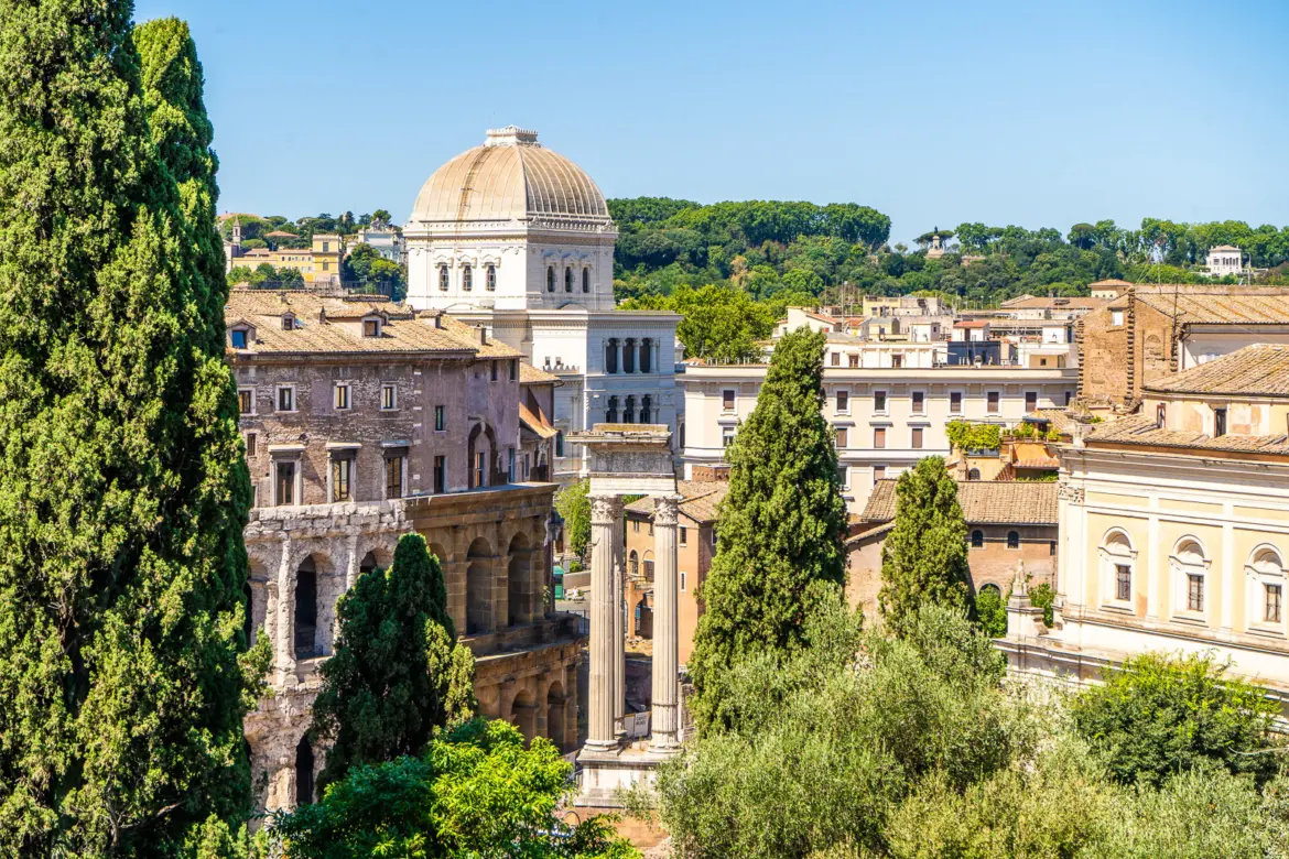 The Great Synagogue of Rome in the Jewish Ghetto neighborhood with its distinctive square dome and neoclassical facade