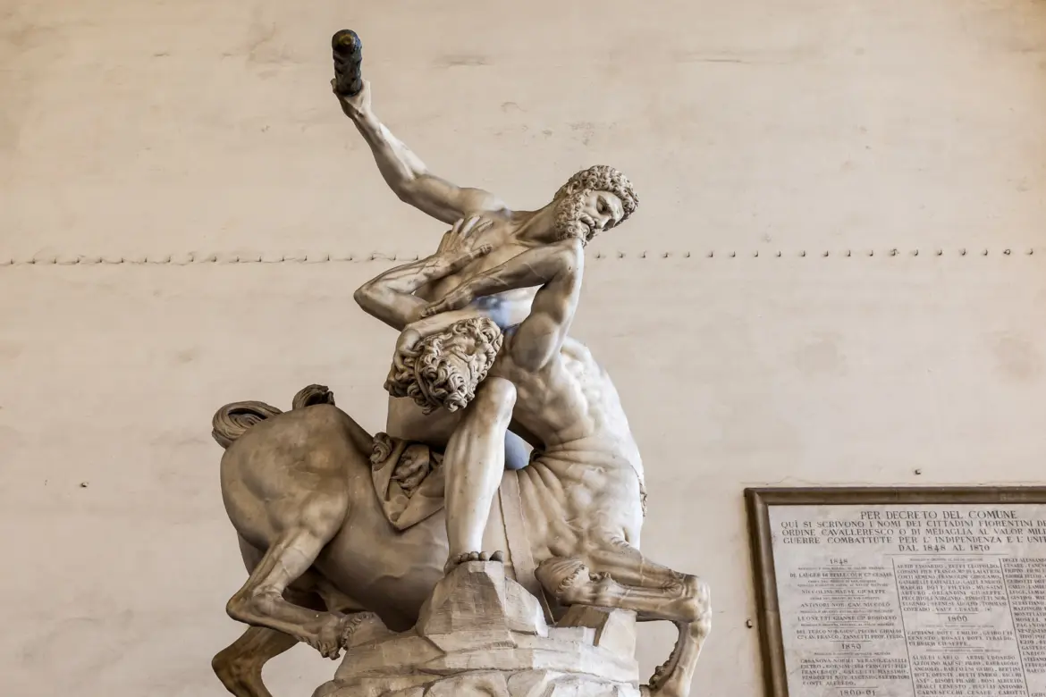 Giambologna sculpture Hercules and the Centaur Nessus at the Loggia dei Lanzi in Florence depicting the mythological battle in dynamic marble composition