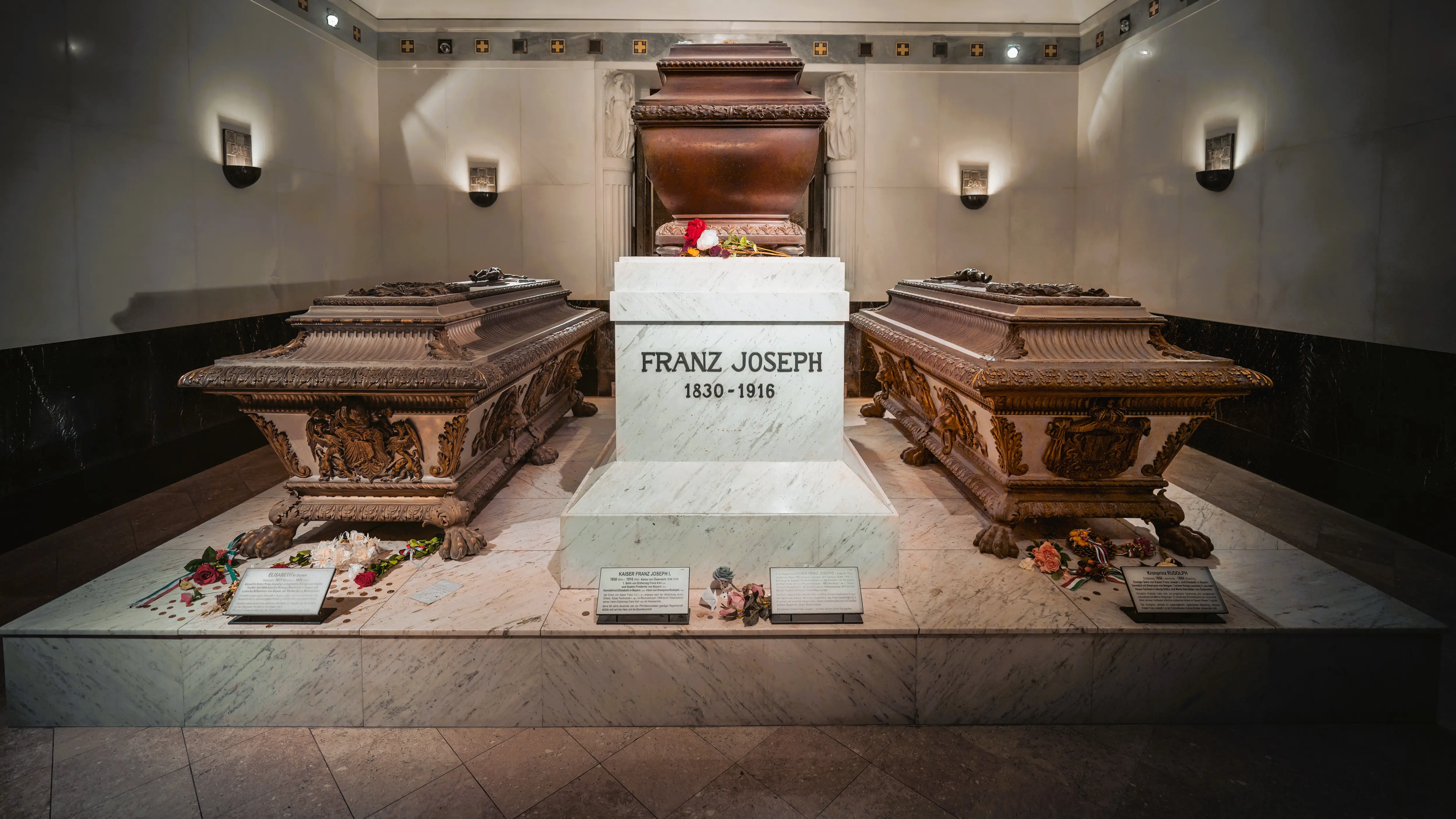 Sarcophagi of Emperor Franz Joseph I, Empress Elisabeth (Sisi), and Crown Prince Rudolf in the Imperial Crypt in Vienna