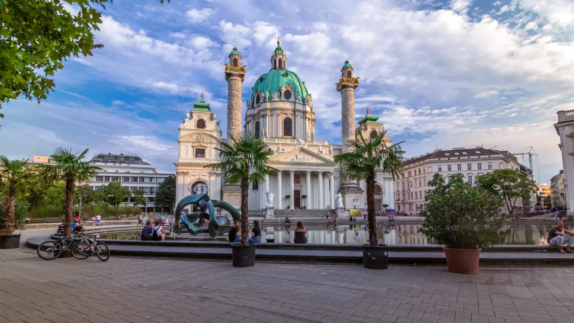 The Karlskirche seen from Karlsplatz in Vienna, Austria, showcasing its iconic Baroque dome and monumental columns