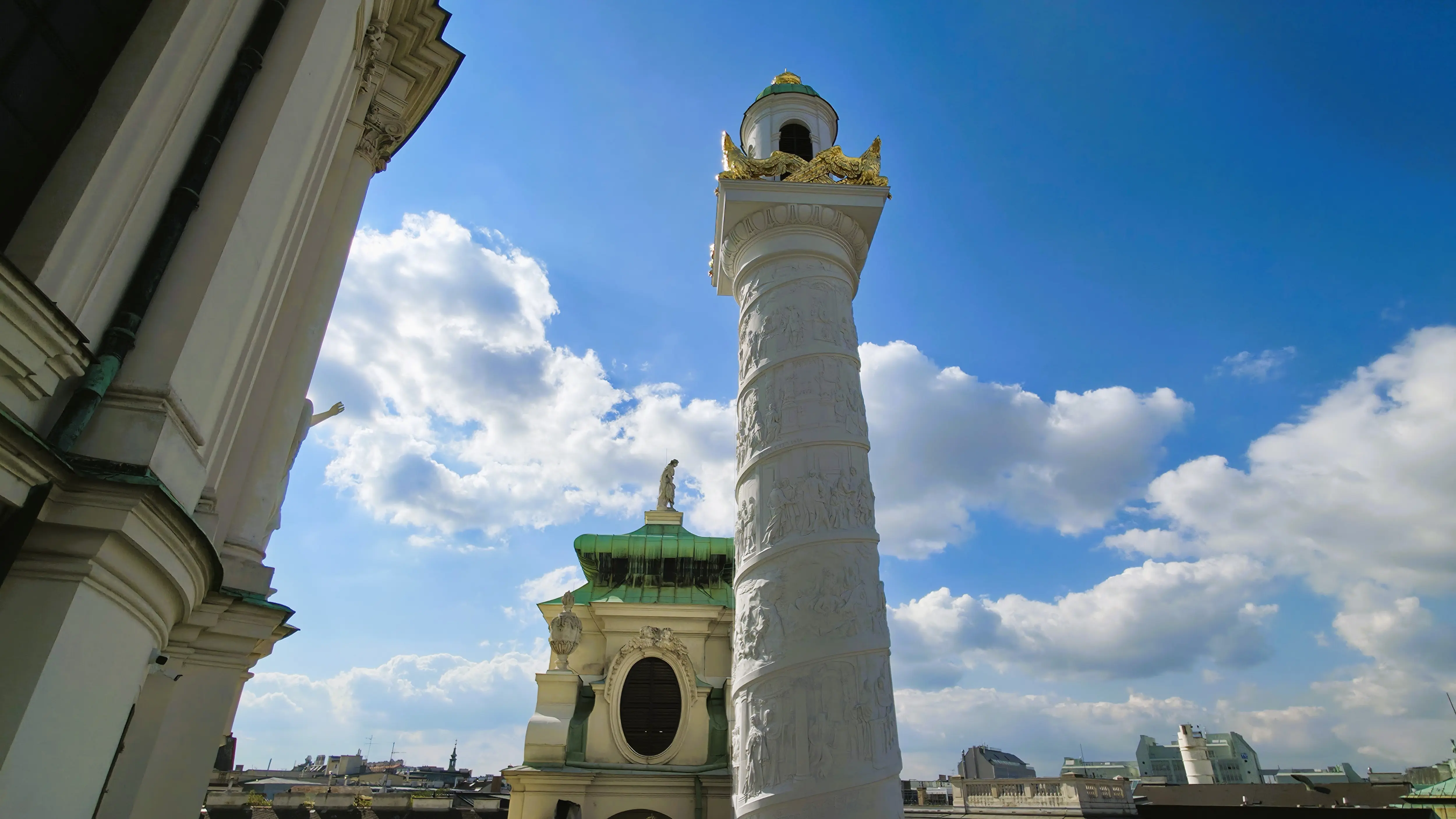 Close view of one of the monumental columns of the Karlskirche in Vienna, Austria, showing spiral reliefs inspired by Trajan’s Column