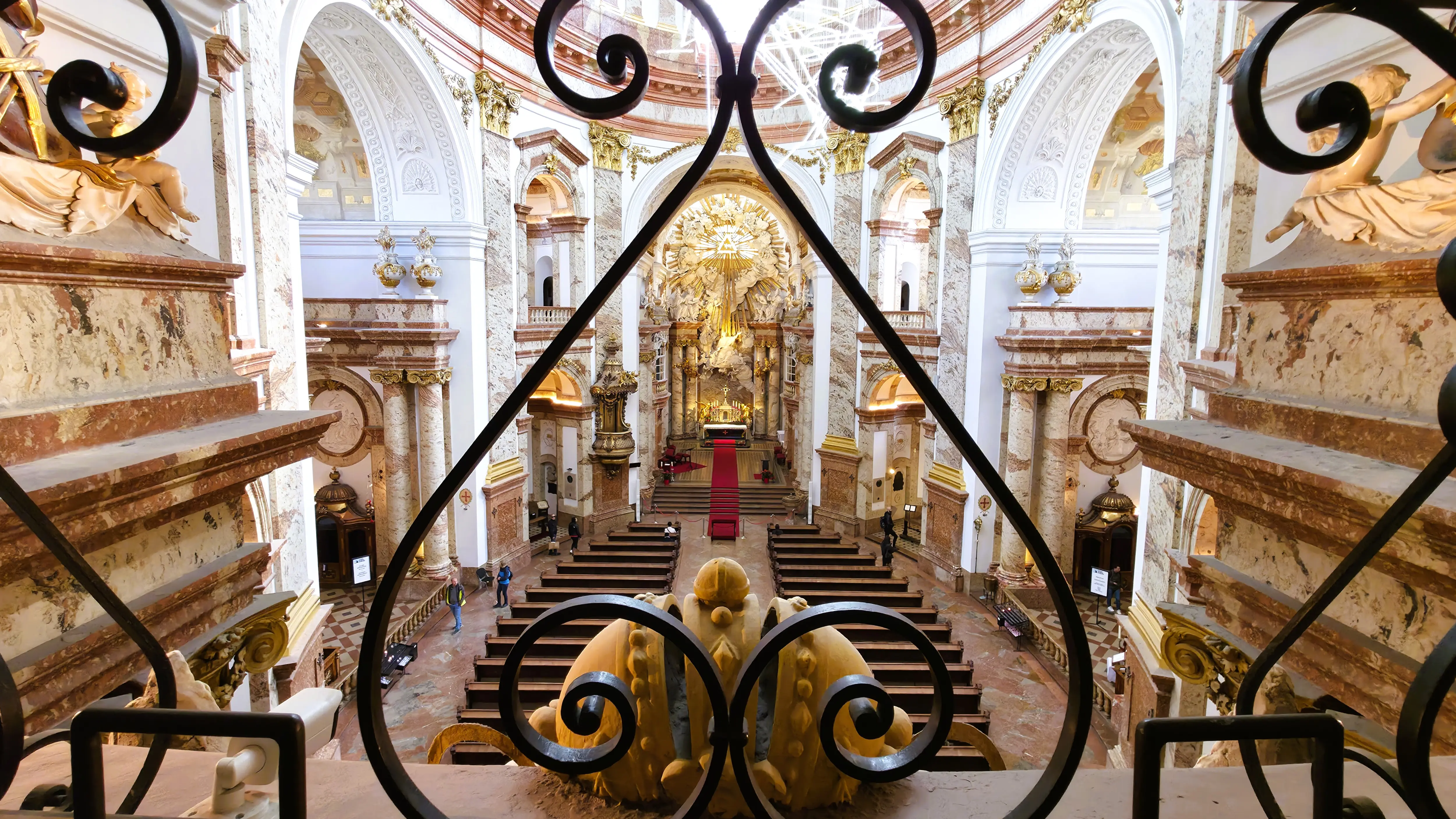 Interior view of the Karlskirche in Vienna, Austria, seen from the organ loft showing the full domed space and altar