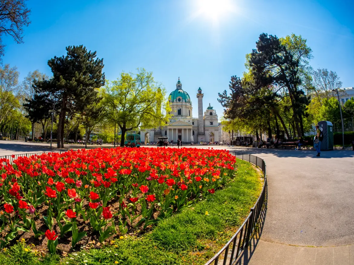 Blooming flowers at Karlsplatz in Vienna, Austria, with Karlskirche rising in the background
