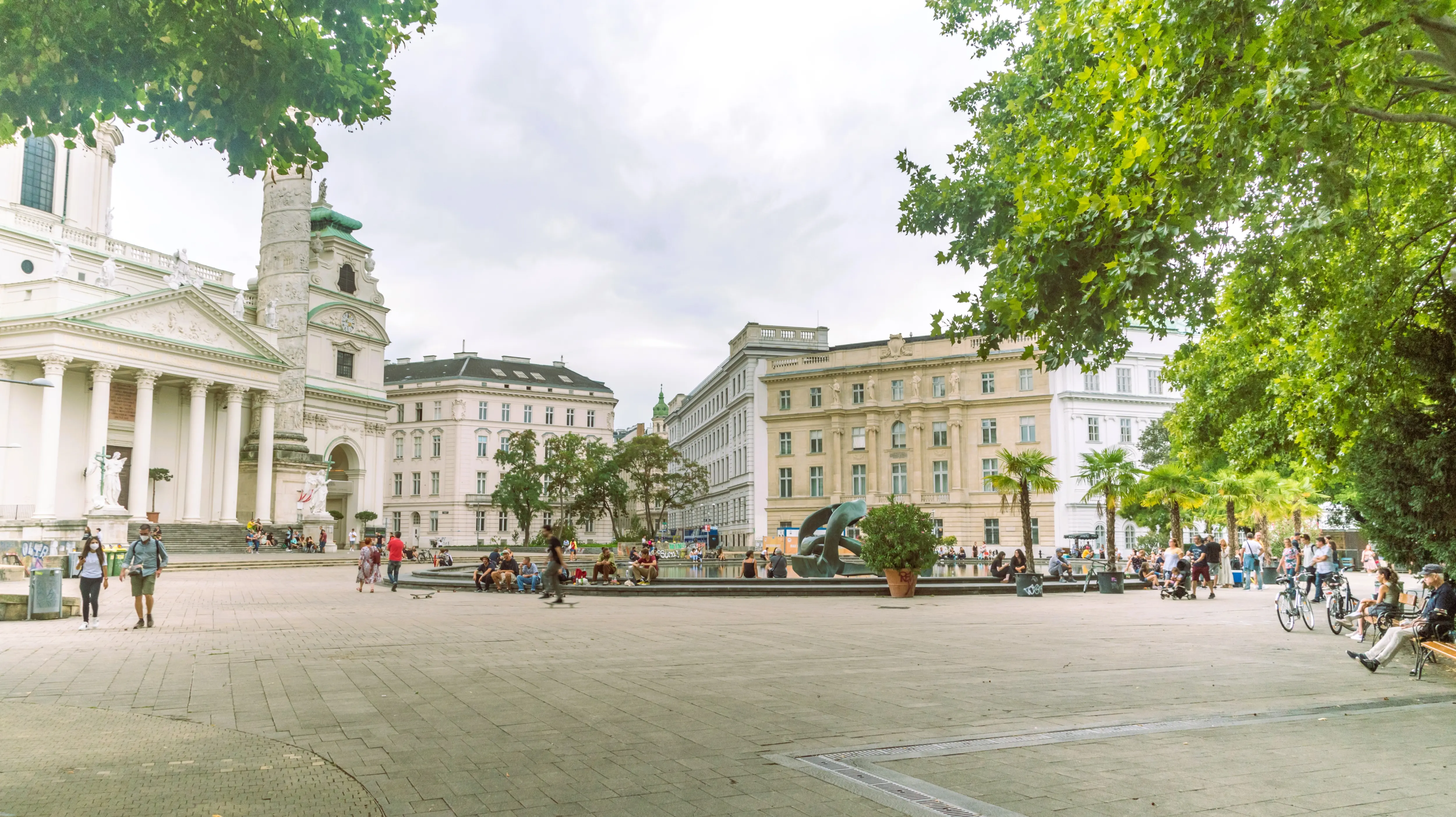 A wide view of Karlsplatz in Vienna, Austria, highlighting its openness and surrounding architecture