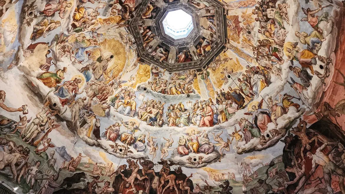 The Last Judgment fresco inside Brunelleschi’s dome Florence Cathedral begun by Giorgio Vasari and completed by Federico Zuccari depicting dramatic scenes of Heaven Hell and the Apocalypse