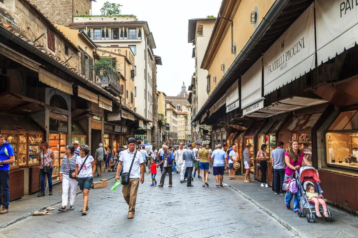 Shops and visitors along Ponte Vecchio, Florence’s most famous medieval bridge